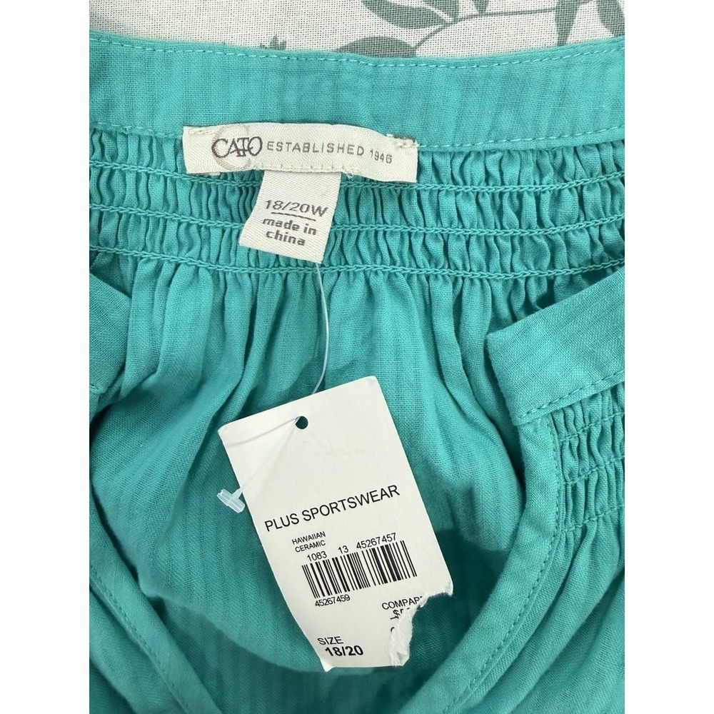 Cato Floral Embroidered Blouse 18/20W Aqua Cotton Split Neck Boho NWT Plus - Picture 6 of 9